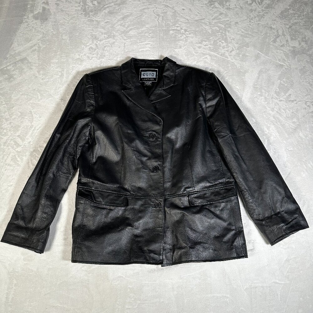 CLIO Leather Jacket Women Size L Black Padded Shoulder Button Closure 90s Y2K
